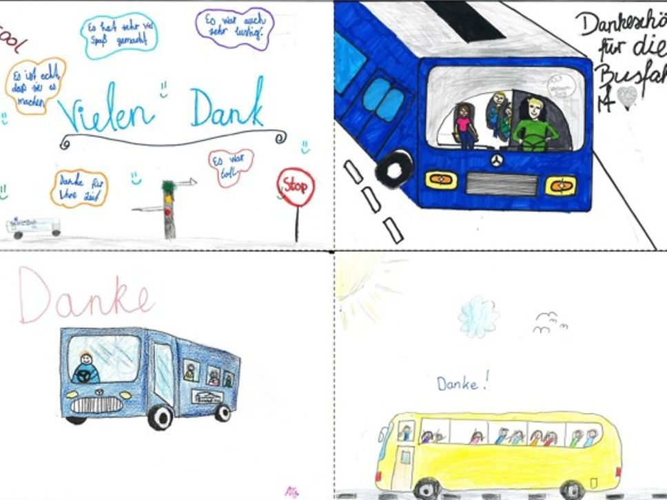 Kinderzeichnungen von Bus und Busfahrer